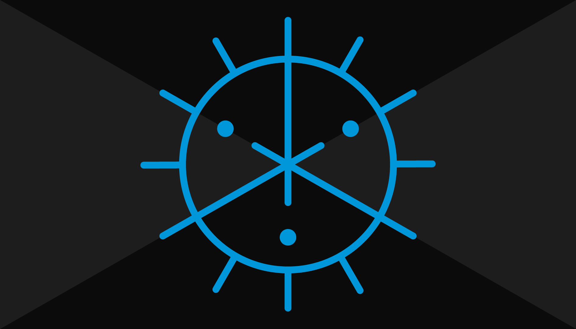 The Crest of Syntheticism: A circle of radioactive blue on a black background, trifurcated by three strokes that cross to form a tri-point in the center. Three round stars lie just off the ends of the points. The circumference of the circle is surrounded by twelve strokes spaced evenly around.